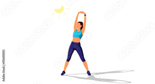 Woman practicing yoga outdoors with her arms raised towards the sun in a serene landscape