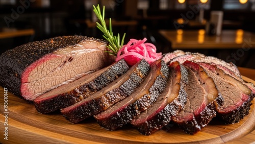 Close-up of sliced smoked brisket on wooden board with garnish in a restaurant setting