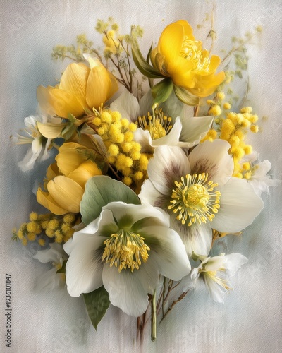 Yellow Mimosa and White Hellebore Elegant Spring Bouquet Dry Brush