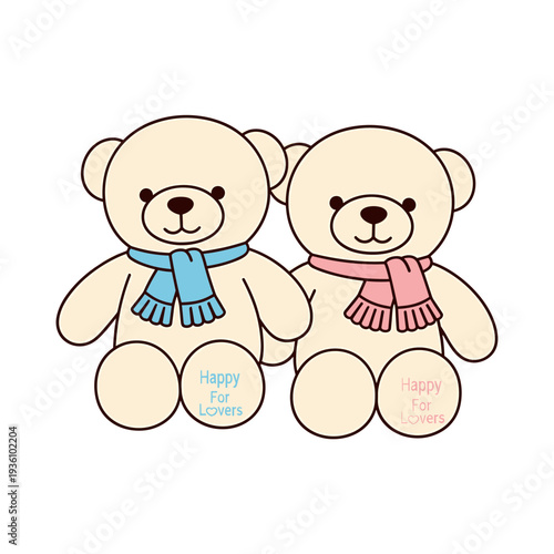 Two cute cartoon teddy bears wearing scarves.