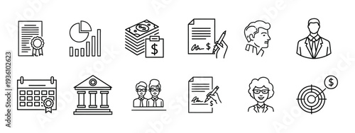 Black and white line drawings of business and office related icons