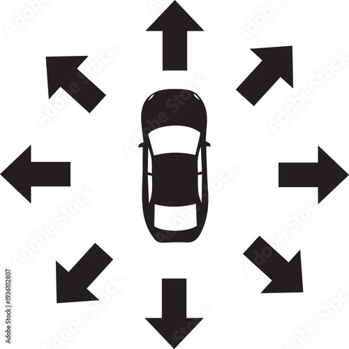 Car Surrounded by Arrows Indicating Direction