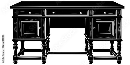 Vintage Renaissance Desk Illustration in Black and White Woodcut
