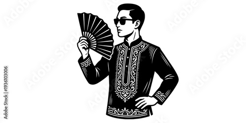 Filipino elegance depicted in barong tagalog with woven fan art style
