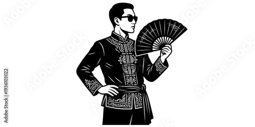 Filipino elegance depicted in barong tagalog with woven fan art style

