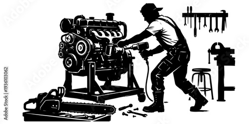 Monochrome graphic: A craftsman reassembles a chainsaw engine with precision
