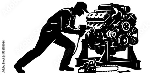 Monochrome graphic: A craftsman reassembles a chainsaw engine with precision

