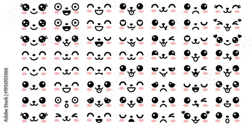 Kawaii cute faces. Manga style eyes and mouths. Funny cartoon japanese emotions in different expressions. For social networks. Expression anime character and emoticon face illustration, Big vector set