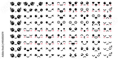 Kawaii cute faces. Manga style eyes and mouths. Funny cartoon japanese emotions in different expressions. For social networks. Expression anime character and emoticon face illustration, Big vector set