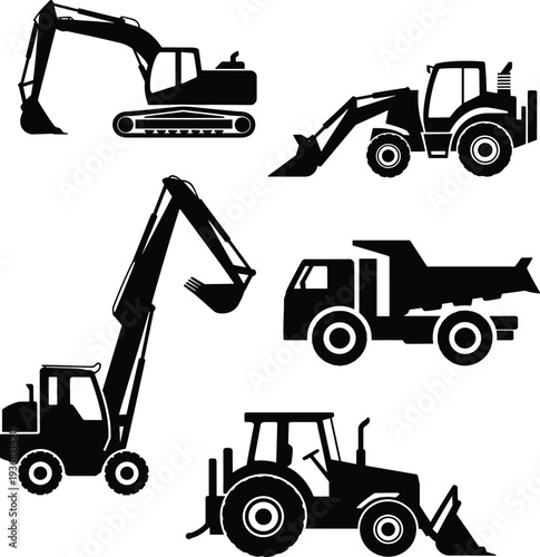 Construction vehicle silhouettes excavator backhoe telehandler dump truck loader tractor, flat vector