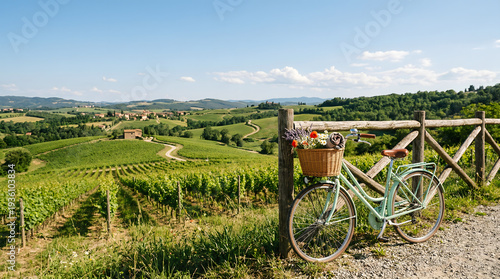 Vintage Bicycle Parked by Fence Overlooking Sunny Green Vineyard