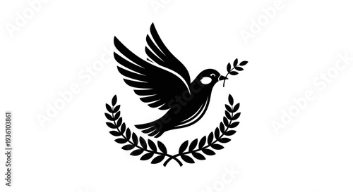 Flying dove with olive branch emblem