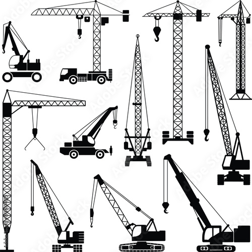 Flat vector crane silhouettes, tower cranes, mobile cranes, crawler cranes, lifting equipment