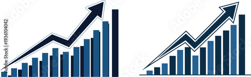 Two blue bar graphs with arrows indicating growth and progress on white background