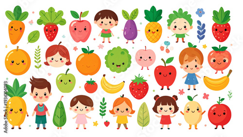 Cute kawaii fruits and vegetables characters set with smiling faces healthy food cartoon flat vector illustration