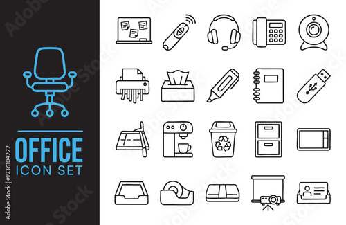 Office supplies and equipment outline icon set