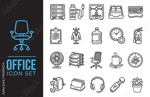 Office equipment and stationery line icon set
