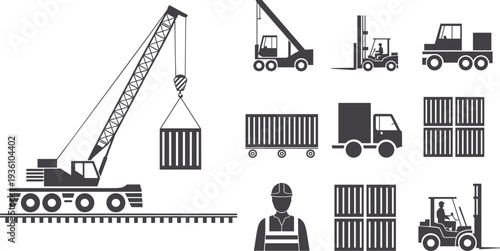 Flat vector silhouettes of cranes, forklifts, trucks, shipping containers cargo logistics
