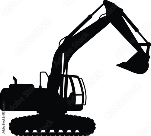 Minimal vector silhouette, excavator digging with bucket extended, solid black, isolated on white.