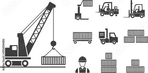 Flat vector silhouettes of cranes, forklifts, trucks, shipping containers logistics operations