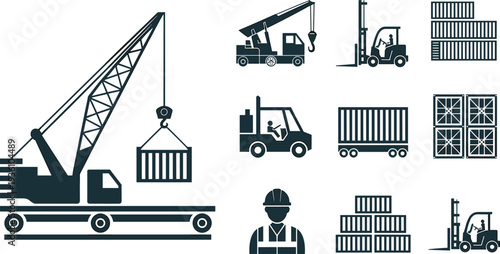 Flat vector silhouettes of cranes, forklifts, trucks, shipping containers logistics cargo