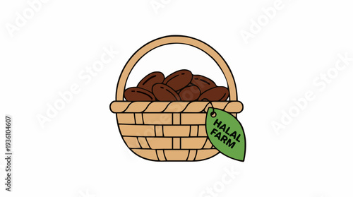 Woven Basket Filled With Dates With Halal Farm Leaf Tag On White Background