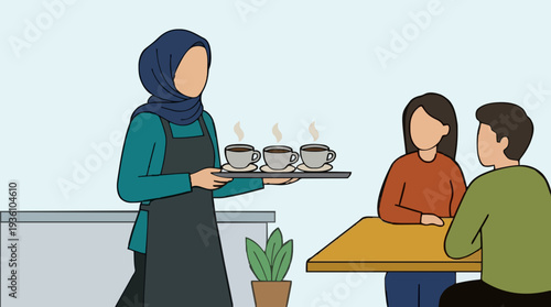 Muslim woman wearing hijab and apron serving hot coffee cups on tray to couple sitting at table in cafe bright lighting clear background