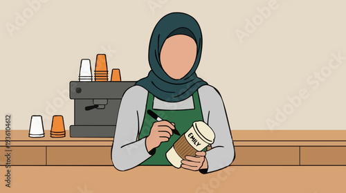 Muslim Barista Wearing Hijab and Apron Writes Order on Coffee Cup Behind Counter with Espresso Machine and Cups in Background Warm Tones