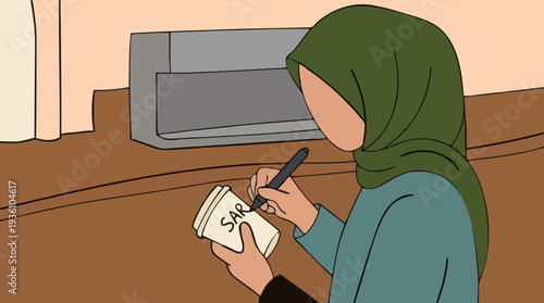 Woman in green hijab writing on notepad with pen in modern kitchen interior scene with light brown counter and grey appliance in background