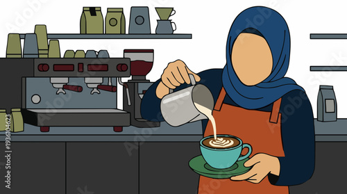 Barista In Blue Hijab And Orange Apron Pours Cream Into A Coffee Cup With Latte Art In A Cafe With Espresso Machine And Shelves Full Of Coffee Beans