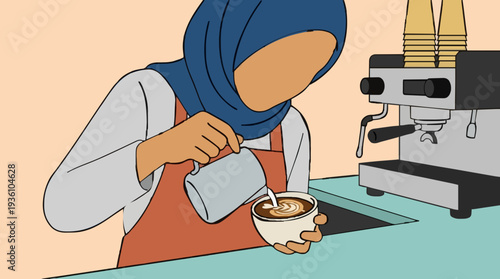 Muslim barista wearing hijab and apron creating latte art with steamed milk in a ceramic cup next to espresso machine in cafe with warm lighting