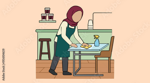 Muslim Woman Wearing Hijab And Apron Cleaning Table With Spray Bottle And Cloth In A Cafe Setting With Stacked Coffee Cups In Background