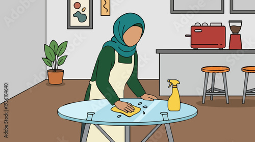 Woman Wearing Hijab And Apron Cleaning A Round Glass Table With A Spray Bottle And Yellow Cloth In A Cafe Environment With Art On Wall And Coffee Machine In Background