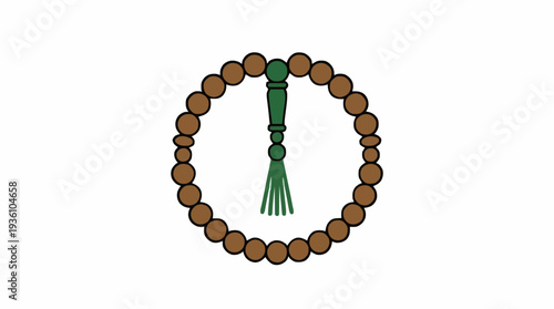 Brown Prayer Beads With Green Tassel On White Background