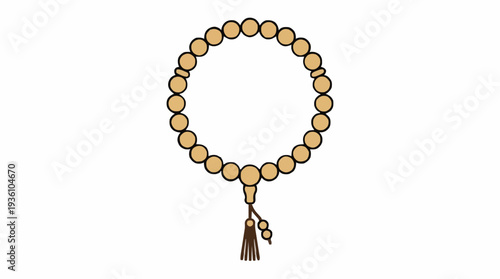 Beige Prayer Beads With Brown Tassel And White Background For Spiritual Practice Or Meditation