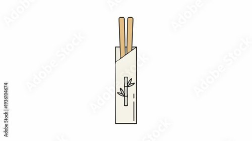 Disposable Chopstick Holder with Bamboo Design Beige Paper Sleeve with Wooden Chopsticks Inside Isolated on White Background