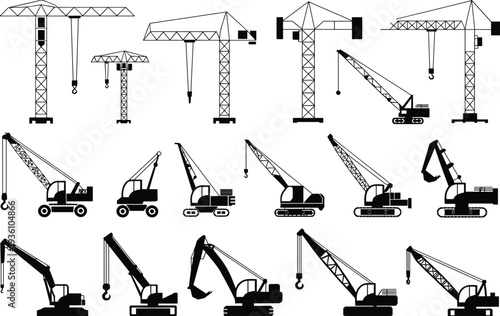 Flat vector tower and mobile crane construction lifting equipment illustration