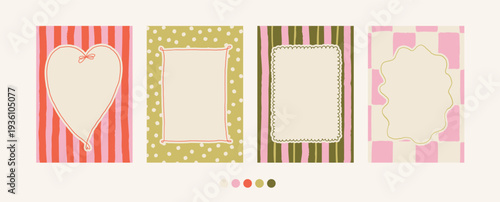 Spring whimsical frames collection on tartan, striped charming background. Bright summer retro hand drawn romantic border clipart set. Vintage empty frame for birthday party invitation template
