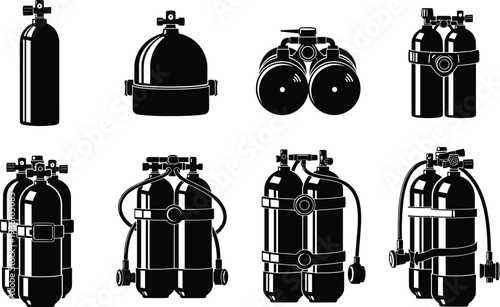 Silhouettes of scuba diving tanks showing evolution from single to complex dual configurations on dark background