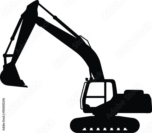 Minimal vector silhouette, excavator digging with bucket extended, solid black, isolated on white.