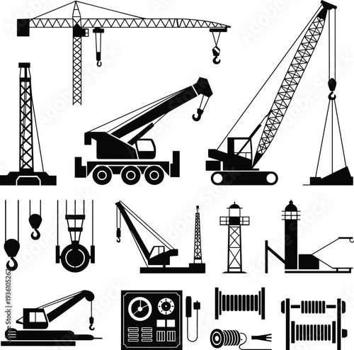 Tower mobile crawler cranes hooks pulleys lifting equipment illustration, flat vector