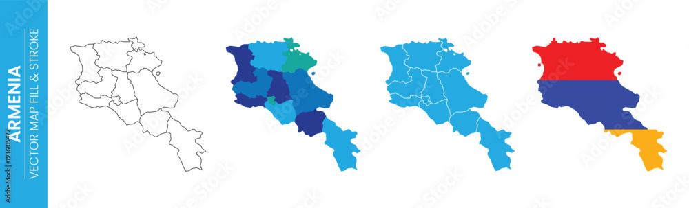 Fototapeta premium Four representations of Armenia's map display its administrative divisions. The final map showcases the country's flag colors, suitable for travel and informational content.