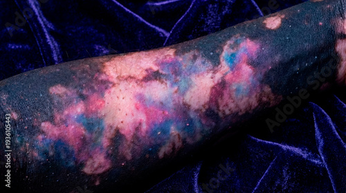 Close up of arm with vitiligo painted as glowing galaxy nebula, inclusivity and self acceptance concept for awareness campaigns, body positivity blogs, dermatology education, copy space