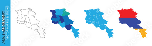 Four representations of Armenia's map display its administrative divisions. The final map showcases the country's flag colors, suitable for travel and informational content.