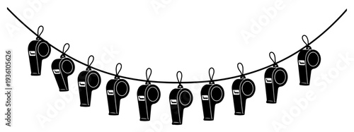 Garland of hanging referees whistles for sports event decoration