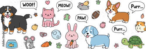 Cute Cartoon Pet Animal Collection with Dogs, Cats, Rabbit, Hamster, Turtle and Fish Isolated on White Background for Kids Sticker Designs