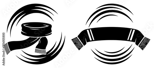 Set of black and white vector icons featuring a football fan scarf and hat