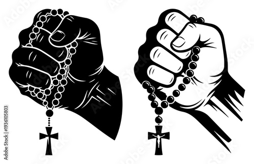 Strong hands holding a religious rosary prayer beads in a bold graphic style