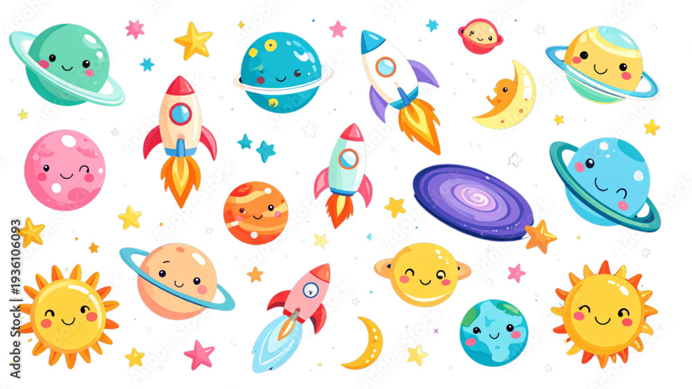Fototapeta premium Cute cartoon space elements set with smiling planets rocket stars moon sun and galaxy objects vector illustration