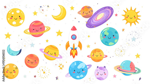 Cute cartoon space elements set with smiling planets rocket stars moon sun and galaxy objects vector illustration